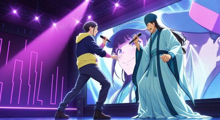 masterpiece,best quality,amazing quality,very aesthetic,absurdres,newest, huge filesize, 
<lora:spo_sdxl_10ep_4k-data_lora_webui:0.5>,anime screenshot, 2d anime,anime coloring, 
<lora:add-detail-xl:1>   paripi koumei, official art, 
2boys, rap battle, standing, facing another, rapping,from side, night pub, stage lights, neon lights,  looking at another, full body, 
 in stage,
holding microphone, 
BREAK
<lora:Paripi_Koumei_V1:0.9>
Paripi_KoumeiV1,
Paripi_KoumeiV1,
1boy , p_kabe,  grin, 
short hair.
black hair,
hoodie, pants, 
BREAK
1man,
chinese clothes,hanfu,   evil smile, 
long sleeves,wide sleeves, huge screen,music,  enjoy, happy,
long hair,hat,blue headwear,robe,mustache, 
closed mouth,sash,black hair,
p_koumei,