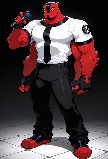 <lora:fourarms-05:1> fourarms, red skin, solo, male focus, yellow sclera, no pupils, 4 eyes, , fingerless gloves, white shirt, black pants, 4 arms , large pectorals, underbite,   <lora:17bucks_Style_Illustrious:1> 17bucks, gradient color, 2d, standing, holding microphone, full body ,, masterpiece, best quality, amazing quality, very aesthetic, absurdres, newest,