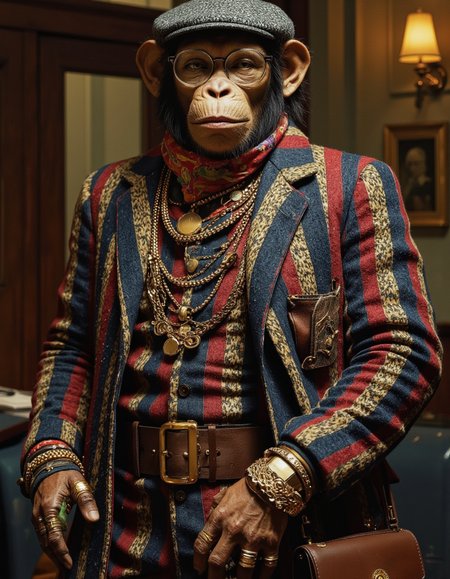 ZooPolis art.. A photo-realistic shoot from a portrait camera angle about a anthropomorphic chimpanzee dressed in a colorful knitted coat and a flat cap, wearing glasses and a scarf, standing in the middle of the image. the chimpanzee, who appears to be a young male, is facing the viewer with a neutral expression, looking directly at them. he is wearing a multicolored tweed coat with a red and blue striped pattern, a matching scarf, and several gold necklaces and bracelets. the coat has a belt with a gold buckle and a brown leather pouch attached to it. the background is blurred, and the lighting is soft and warm, giving the image a cozy and sophisticated feel. the chimp is standing in a relaxed pose, with one hand on its hip and the other resting on its thigh, giving off a sense of confidence and sophistication.