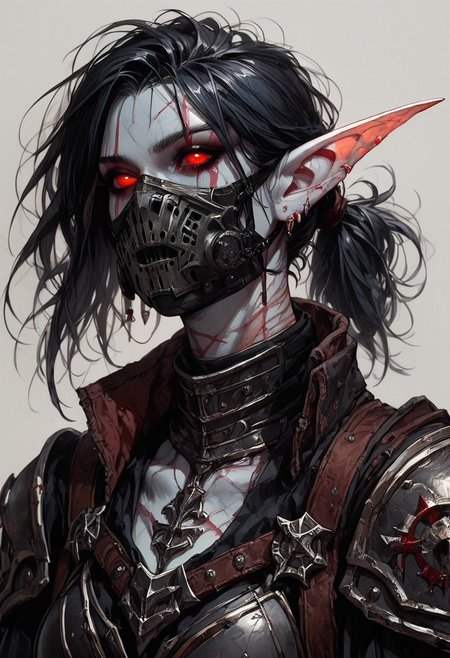 score_9, score_8_up, score_7_up, score_6_up, Expressiveh, undead, deathknight, g0thicPXL, masterpiece, perfect face, 1girl, night elf, tall girl, athletic, (pale grey skin, red facetattoo), pointy ears, long ears, (red eyes, glowing eyes, red sclera), (black hair, messy hair, short ponytail, bangs), scars, (full armor, platearmor, black armor), ((giant iron neck brace, lower face mask, iron mask, iron mouth protection))