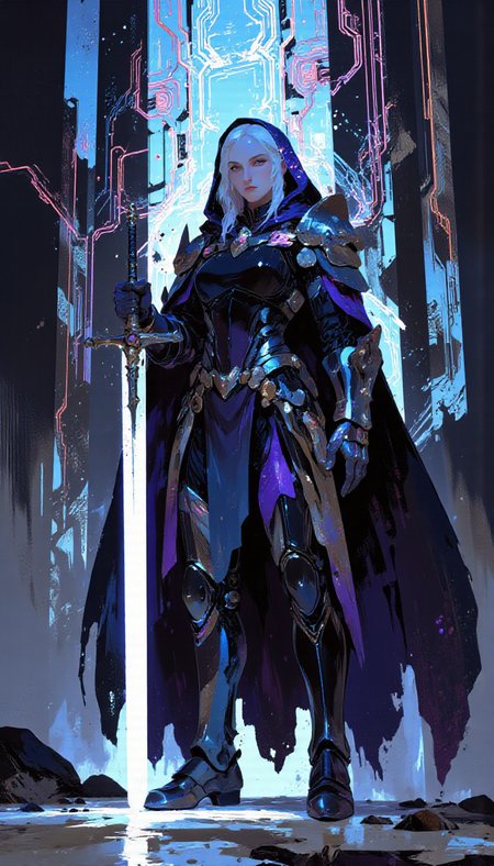pscho_4rt,mythp0rt,very wide angle, put subject further away, small subject, A digital illustration shoot from the side about a powerful female character in a dark fantasy setting, wielding a glowing sword. the image also shows intricate details and a futuristic, cybernetic background. on the middle of the image, a 1woman, who appears to be in her mid-twenties, with long, flowing white hair and a serious expression, is standing confidently. she is wearing a dark, ornate armor with intricate designs and a hood, and she is holding a large, glowing sword in her right hand. the sword is positioned in the center of the frame, with the blade pointing towards the viewer. the armor is detailed with a variety of colors, including shades of blue, pink, and purple, and has a metallic sheen. the background features a glowing circuit board with intricate patterns and glowing lines, creating a sense of depth and dimensionality. the lighting is dramatic, with a mix of blue and pink hues, and the overall effect is one of energy and power.  1girl, solo, long hair, breasts, looking at viewer, black hair, holding, closed mouth, standing, weapon, outdoors, cowboy shot, sword, armor, holding weapon, hood, glowing, cape, armor on head, holding sword, standing on one leg, glowing blade, science fiction, sword on shoulder  camera_angle: from side, art_style: digital illustration, location: futuristic environment, background: glowing circuit boards with glowing lines and lines, text: NA, image_composition: middle, clothing: dark armor with ornate details and hood, hair_color: white hair, distance_to_camera: full body, hair style: long flowing hair, facial_expression: serious, action: standing confidently, accessory: wielding a large sword, pants: NA