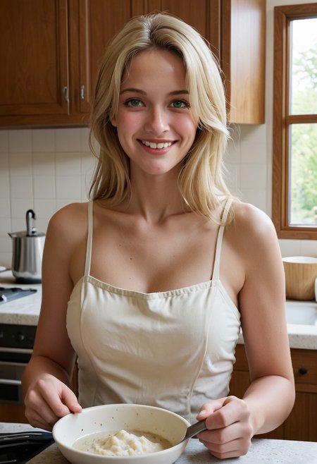 1girl, solo, jenna21, cute, portrait, headshot, looking at viewer, home, indoors, kitchen, friendly, breasts, fun, sensual, smiling, cowboy shot, straight blonde hair, green eyes, mom, cooking, cleaning, exhausted