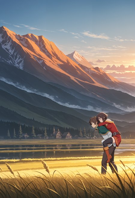 masterpiece, best quality, amazing quality, outdoors,  satou kazuma, piggyback, looking at another, aged up, small breasts, megumin, from side, 