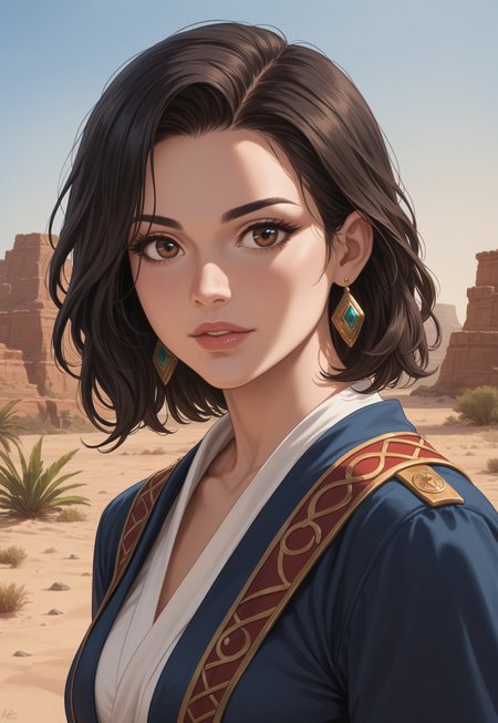 score_9, score_8_up, score_7_up, 1girl, solo, desert nomad, flowing robes with intricate embroidery and desert-inspired patterns, ancient curved scimitar with a polished bronze blade and a wrapped leather handle, long wavy black hair adorned with desert flowers, realistic, cinematic angle, cinematic lighting, slender body, mysterious face, deep brown eyes, vigilant pose
BREAK
standing guard at an oasis in the heart of the desert
BREAK
source_fantasy_art, rating_explicit, expressive, full body, dynamic pose
BREAK
detailed beautiful background, vast desert landscape with rolling sand dunes and distant mirages, lush oasis with palm trees and a sparkling pool of water, ancient ruins and desert creatures, distant mountains with rugged cliffs, mystical atmosphere with a sense of adventure and mystery
<lora:Expressive_H:0.6>Expressiveh, (SimplepositiveXLv1:1.3), (upper body, full clothed:1.85) ((masterpiece)) (ultra realistic, 32k, masterpiece:1.2), (high detailed skin:1.1), (high quality:1.1) (((full clothed))) <lora:DandonFuga_Style_v.2_-_Pony:0.8> 
<lora:add-detail-xl:1> 
<lora:Dynamic Poses:1>