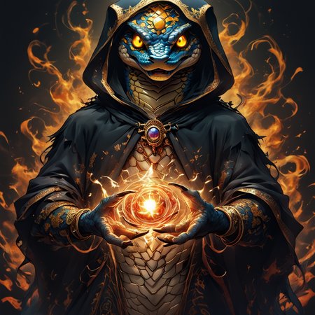 anthropomorphic_snakes_(naga), snake eyes, scales, masterpiece, best quality, amazing quality, very aesthetic, dynamic angle, face focus, depth of field, small breasts, A digital illustration shoot from a frontal camera angle about a mysterious figure in a dark, hooded cloak holding a glowing orb of fire, surrounded by swirling flames. the image also shows glowing blue and orange flames emanating from the figure's face, creating a mystical atmosphere. on the middle of the image, a male figure appears to be a amazing adult, standing in the middle, facing the viewer, with his upper body visible. he is wearing a dark cloak with intrianthropomorphic_snakes_(naga)e designs and glowing yellow eyes, giving off a mystical and powerful aura. the figure is positioned in the center of the frame, and his hands are outstretched, holding two glowing orbs in front of him. he has a hood that covers his face, and the flames are emanating from his hands. the background is dark and smoky, with a subtle gradient of colors, adding to the sense of depth and mystery.  solo, looking at viewer, open mouth, holding, male focus, glowing, glowing eyes, black background, hood, fire, cloak, magic, magic circle, pg safe,amazing, (anthropomorphic_snakes_(naga):0.7000000000000001), ( ArsMJStyle, Wonderland:0.7000000000000001), (Midjourney3PXL-B:0.34), (MJ:0.36), end_delft_morph<lora:pony\Anthropomorphic_snakes_Naga-pony.safetensors:0.7000000000000001:0.7000000000000001> <lora:pony\midjourney\WonderlandPony_r1.safetensors:0.7000000000000001:0.7000000000000001> <lora:pony\midjourney\Midjourney3PXL-B.safetensors:0.37:0.37> <lora:pony\midjourney\MJXLP.safetensors:0.43:0.43> <lora:pony\Midjourney_Porcelain_DelawareDelft_Morph_XL.safetensors:0.56:0.56>
