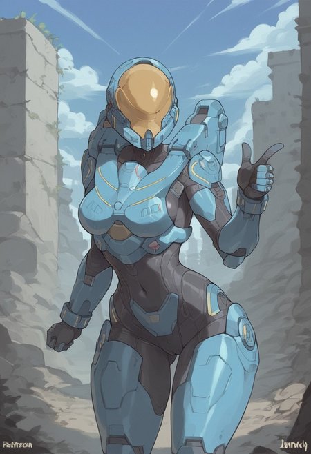 safe_pos, source_anime, score_9_up, score_8_up, score_7_up, BREAK 1girl, power armor:1.2, ((slender body)), bodysuit, skintight, sexy, navel, very wide hips:1.1, masterpiece, best quality, helmet, source_anime, standing, bending forward, arm toward viewer, thumbs up pose, cute, (adorable), arched back,  outdoors, wartorn, city ruins, futuristic, background, sunny, blue skies, woods,  narrow waist, medium breasts,  sideboob, faint cameltoe, Expressiveh