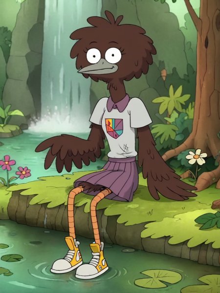 score_9, score_8_up, score_7_up,  score_6_up, BREAK, B1rd4nne, 1girl, solo, winged arms, beak, purple skirt, white shirt, in the forest, sitting, flower, outdoors, day, water, tree, looking at viewer, waterfall, moss <lora:BirdAnne:0.8>