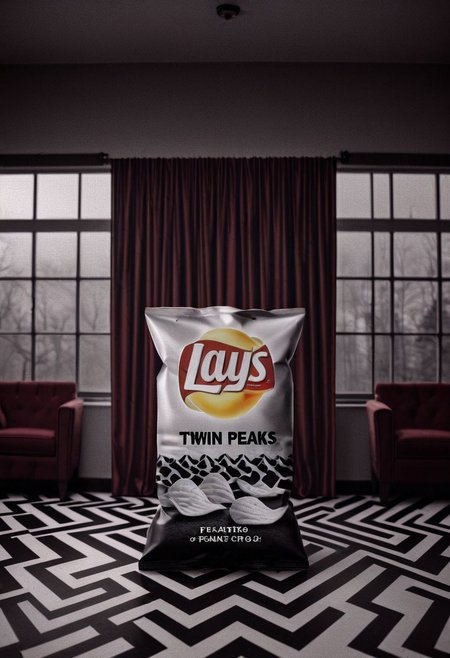 Lays Chip Bag, "TWIN PEAKS", coffee, in a room with red curtains, black and white chevron pattern floor, realistic, sharp, detailed, classic, artistic, perfection, contrast, cinematic, filmic, high quality photo, David Lynch style, Twin Peaks style, shallow depth of field, vignette, highly detailed, high budget, bokeh, cinemascope, moody, epic, gorgeous, film grain, grainy