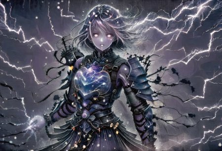 (Masterpiece:1.3), (best quality:1.2), (detailed background:1.1), (intricate details:1.1), (detailed background:1.2), 1girl, solo focus, standing, perfect anatomy, 
bleakfaith,
source_anime, night sky, dark cloud background, sky background, lightning on background, only purple lightning, purple lightning, dark purple theme,
BREAK
watercolor, chinese,traditional,
BREAK
(purple hair:1.2),(pale skin:1.3), (purple skin:1.5),1girl,solo, mysterious, vivid color, shiny, (short purple hair), bob cut hair, purple eyes,glowing purple pupils,
laugh arrogantly,
BREAK
armor(dark suit,armor, animal chest plate), lightning, dark purple thunder, chinese style, 
spraks in hand,
BREAK
looking at the viewer, front view, full view,
best quality, ultra-detailed, absurdres, detail face, best quality, hires textures, high detail, (4k),incredibly detailed
NegativeDynamics,
