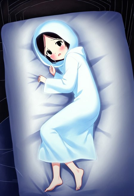 zPDXL3, source_cartoon, Perfect Hands, full body,
1girl, solo, bedroom, looking at viewer, saoirse, black hair, black eyes, blush, ghost, hood up, robe, barefoot, glowing, lying on bed, from above, lying on side, facing at viewer, feeling cold, eyes open, crying sadly, open mouth, sleeve past wrist, slim body, long body, highlight cloth wrinkle, anime style,
<lora:Perfect Hands:1>  <lora:Saoirse_-_The_Song_of_the_Sea-000009:1>
