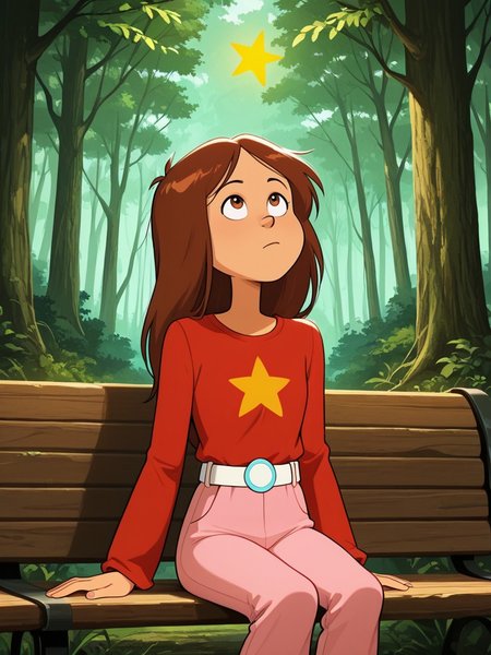 score_9, score_8_up, score_7_up, BREAK, solo , anime, wendy_maury,anime,long hair, Brown hair, in forest,  red shirt with a yellow star, long sleeves, closed mouth, outdoors, light pink pants, white belt, sit on bench, from front, looking up, thinking<lora:wendy_maury_il:1>