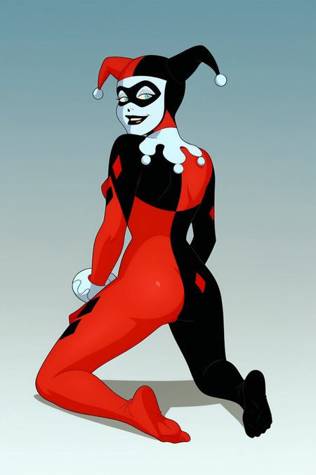 score_9, score_8_up, score_7_up, score_6_up, score_5_up, score_4_up, BREAK, <lora:Harley_Quinn(1):1>, 1girl, Harley Quinn, blue eyes, bodysuit, red bodysuit, jester cap, domino mask, white facepaint, kneeling, from behind, looking back, looking at viewer