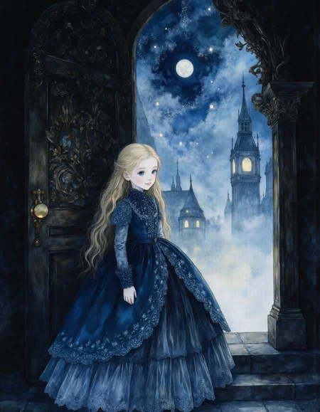 Studio Ghibli Dark Fairytale, serene prim young tween girl, dressed in an immaculate high-collared dark blue gown with intricate lace, steps cautiously through an ornate wooden door. Her expression is a mix of wonder and trepidation as she crosses the threshold from the familiar into the unknown. Beyond the door stretches a surreal, a foggy London metropolis and towering structures that defy physics. Above, the night sky filled with the moon and swirling nebulae casts an ethereal glow.
She wearing a silk Victorian dress that is corseted, hooped, and bustled. She has blond hair, blue eyes, and very pale white skin. She is graceful, poised, and sure of herself. Her delicate face has a soft yet confident expression with a slight smile, her eyes focused and alluring. She is innocent and childlike. She is wearing full plate armor. focus on the girl, Her body is skinny and petite. Delicate features, elaborate details, (2/3 rule composition:0.5), ultra detailed, romantic. FS, vantablack <lora:- Flux1 - vanta_black_V2.0:.4> <lora:Former_Splendor:.4> <lora:Delicate_Balance:.3> <lora:neeeg_f1:-1> <lora:Dark_Ghibli:1>