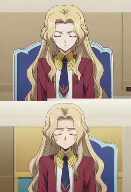 anime screencap, masterpiece, best quality, Code Geass anime art style, <lora:Nunnally_Lamperouge:1>Nunnally Lamperouge, 1girl, ashford academy school uniform, long hair, necktie, school uniform, closed eyes,