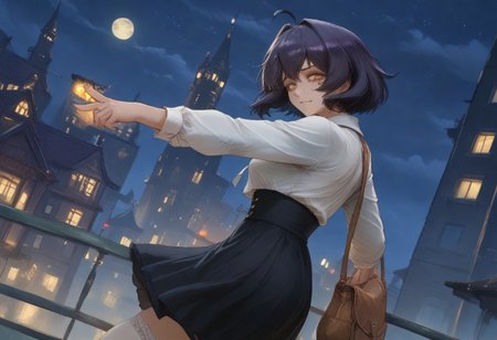 (score_9,score_8_up,score_7_up),masterpiece,best quality,1girl,solo,utenaxl,score_9, source_anime,
rating_safe, detailed background, night,light and shadows by reij-shdwgms,outdoor,city, black_hair, Utena Hiiragi,black_hair, short_hair,yellow_eyes,ahoge,cute face,mature body,center frills,white shirt,black dress,thighhighs,high_heels,teasing, blush,lace, medium breasts, underbust,looking at viewer,crazy smile,crazy expressoin,bag under eyes,exciting, dynamic pose,standing,turn back,from side, night sky, moon, stars, looking at viewer, cowboy shot, dutch angle, gradient background,weight,Cutesexyrobutts