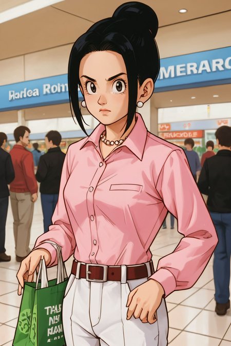 zPDXL3,  <lora:chichi_pony_v2:.5>,
chi-chi, black hair, black eyes, single hair bun, hair bun, long sidelocks, pink collared shirt, long sleeves, belt, shirt tucked in, pearl necklace, white pants, looking at viewer, serious, standing, inside mall, holding shopping bags, crowd,