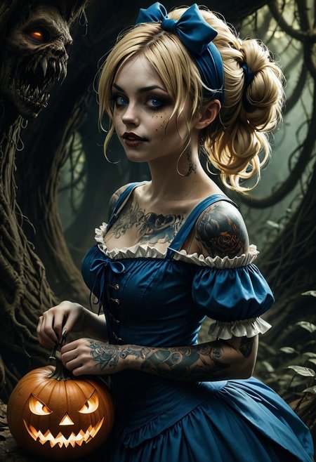 hyperdetailed photorealistic, 1girl,  (sexy:1.5),  (slutty:1.5), seductive, smile, white teeth, pointy teeth, parted lips, an evil Alice from Disney's Alice in Wonderland, (mad smile), a large carved and (glowing Halloween pumpkin) in her hands, blue eyes, large eyelashes, blue mascara and eyeshadow, skimpy frill blue dress, pale skin, pumpkin tattoos in her right breast, blonde hair, freckles, long twin tails tied with large light blue ribbons, side view, disheveled hair, messy hair, petite, natural small hanging breasts, expressive, teasing smile, narrow waist,one bare shoulder, cleavage, among a giant mushroom evil forest, intricate and detailed background
