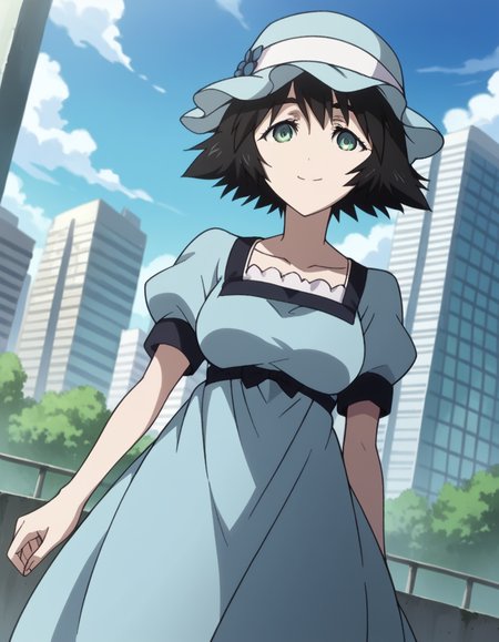 score_9, score_8_up, score_7_up, source_anime,
mayurishiina, <lora:mayuri-shiina-s1-ponyxl-lora-nochekaiser:1>,
mayuri shiina, black hair, green eyes, messy hair, short hair, hat, blue hat,
blue dress, collarbone, dress, puffy short sleeves, puffy sleeves, short sleeves,
outdoors, cityscape, smile,
looking at viewer, cowboy shot, solo, dutch angle,