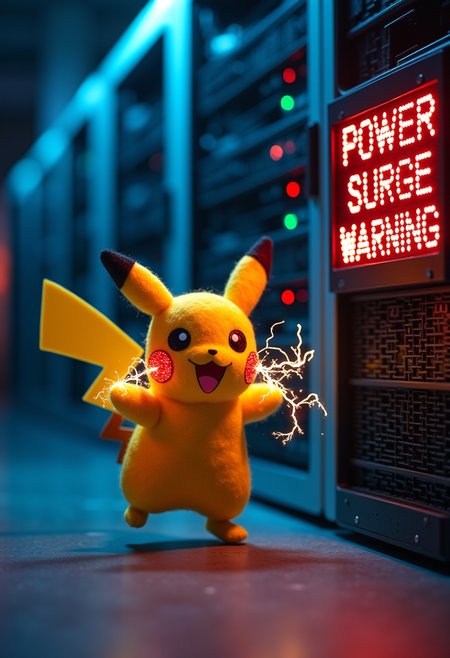 first : photography of a wild pikachu made of felt running happy inside a datacenter with jolt of electricity from its cheeks,  Second : small digital display of a blinking sign on the server with the text "POWER SURGE WARNING / SERVER GOING DOWN" in red LED letters, electricity sparks, electricity  effect, lighting bolt,