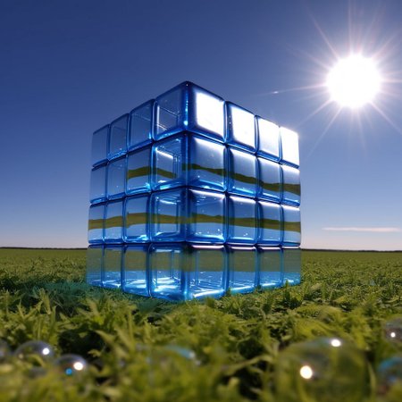 cubes in a hyper-real early 1990s computer graphic format sitting in a field they are made out of translucent bubbles. inside each cube is a different holographic head