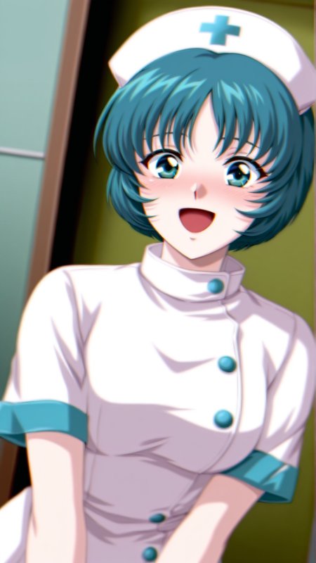 source_anime, general, best quality, masterpiece, 1girl,  <lora:Elis_Radius_ill_v1.0:1> elis_radius\(srw\),green eyes, green hair , short hair,aqua hair, blue hair, blue eyes,nurse, happy, (embarrassed:0.9),  dutch angle, dynamic pose,