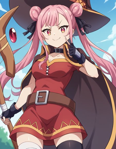 score_9, score_8_up, score_7_up, source_anime, <lora:tao-yuifa-s1-ponyxl-lora-nochekaiser:1>, tao yuifa, long hair, bangs, twintails, hair ribbon, pink hair, pink eyes, hair bun, double bun, medium breasts,, <lora:megumin-cosplay-ponyxl-lora-nochekaiser:1>, megumin cosplay, megumin (cosplay), thighhighs, gloves, hat, dress, black gloves, belt, black thighhighs, fingerless gloves, cape, collar, witch hat, bandages, red dress, single thighhigh, asymmetrical legwear, bandaged leg,, staff, holding staff, smug, outdoors, looking at viewer, cowboy shot,, , dutch angle, cowboy shot