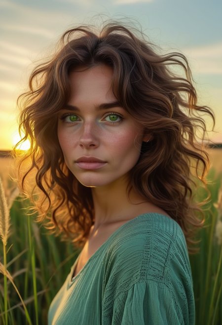 2d, A portrait of a woman with thick, wavy chestnut brown hair, her green eyes reflecting a quiet strength. Sheâs standing in a field of tall grass, the sun setting behind her, casting a warm, golden glow on her face., highly detailed, Shabby, Bloom light, electric indigotrending, sad atmosphere <lora:usual-portrait-v2:1>