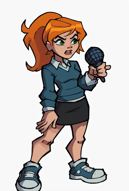 <lora:ovgwen-03:1> ovgwen, green eyes, 1girl, ponytail, orange hair, solo, blue shirt, freckles, white collared shirt, black skirt , sweater,  <lora:17Bucks_style_-_Friday_Night_Funkin:1> cartoon, stylized art, cartoonish, cartoon, flat colors, bold outlines, rough outlines, gradient shading, minimal gradients, indie cartoon aesthetic, full body, standing, digital art, 2d, 2d art, holding, holding microphone, white background, seventeenbucks, score_9, score_8_up, score_7_up, masterpiece, best quality
