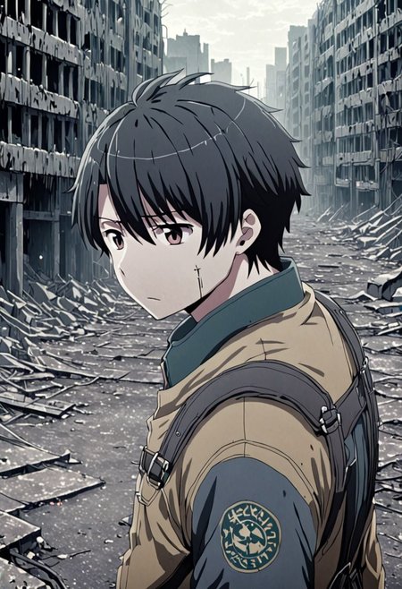 high resolution, solo, best quality, 1Boy, Inaho Kaizuka, Black Hair, dystopia, abandoned city, OverallDetail