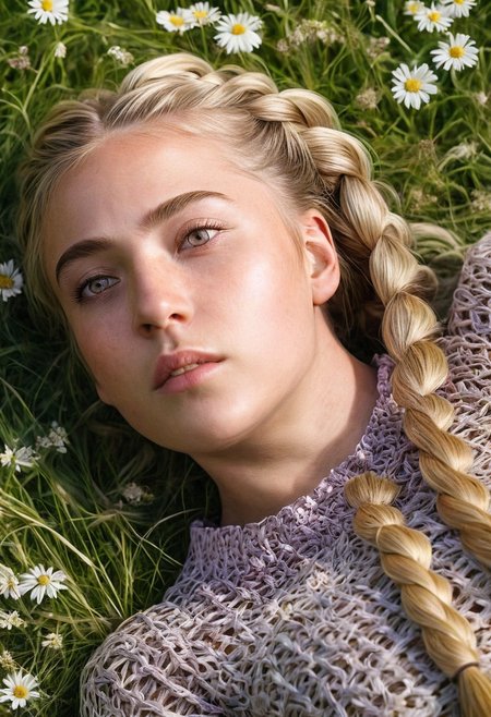 Hyperrealistic art High-definition portrayal, ((ultra-dynamic angle)) ((blonde girl with intricate detailed braids)), reclined and basking in the radiant beauty of a blooming meadow
