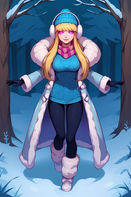 score_9, score_8_up, score_7_up, score_6_up, BREAK, SyndraSDayXL, purple eyes, glowing eyes, blonde hair, long hair, bangs, blue beanie, white earmuffs, medium breasts, pink striped scarf, winter coat, blue sweater, black gloves, black pants, leg warmers, white footwear, solo, full body, standing, seductive smile, looking at viewer, forest, tree <lora:SyndraSDayXL:1>