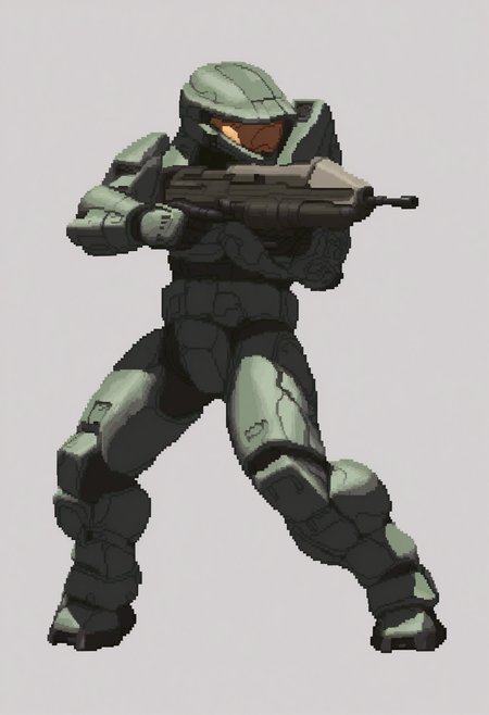 masterpiece, best quality, 1boy, solo, <lora:KOF-XIII-SpritesV2-illus_Fp:1>, full body, simple background, pixel art, <lora:masterchief-halo-richy-v1_ixl:1>, masterchief, helmet, visor, power armor, assault rifle, aiming, looking to the side,