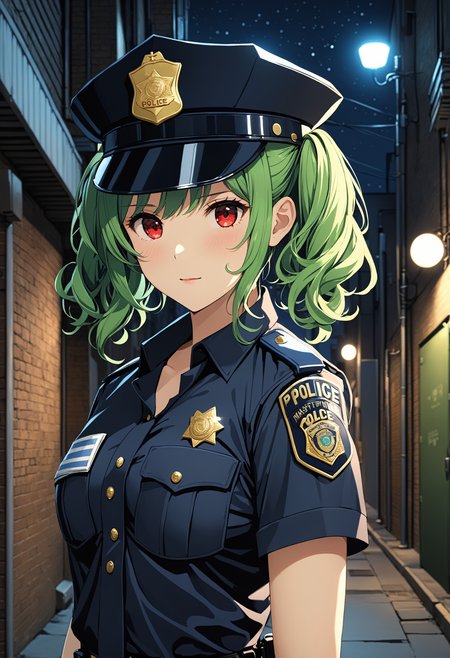 masterpiece, best quality, 4k, 8k, 1girl, medium breasts, green hair, curly hair, twintails, short hair, red eyes, (Police Uniform:1.3), police hat, alley, nighttime, <lora:naughty_to_nice_XL_v1.0:0>