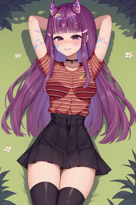 score_9, score_8_up, score_7_up, score_6_up, BREAK, KottyVTXL, bandaid on face, purple eyes, purple hair, long hair, blunt bangs, hair ornament, purple horns, black choker, medium breasts, striped shirt, red shirt, short sleeves, black skirt, black thighhighs, solo, lying on grass, arms behind head, looking at viewer, seductive smile, (forest) <lora:KottyVTXL:0.9>