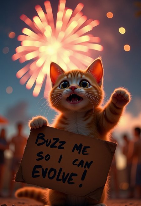 A cute cat, watching some fireworks with an over the top shocked facial expression, holding a sign  it says "Buzz Me So I Can Evolve!", realistic, cinematic shot, head tilted back, large eyes, pointing at the viewer,