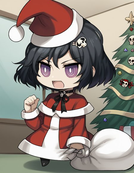 score_9, score_8_up, score_7_up, source_anime, <lora:luka-urushibara-ingame-ponyxl-lora-nochekaiser:1>, luka urushibara, black hair, choker, hair ornament, hairpin, male focus, otoko no ko, purple eyes, ribbon, ribbon choker, short hair, skull, skull hair ornament, trap,, <lora:padoru-ponyxl-lora-nochekaiser:1>, padoru, padoru (meme), holding sack, sack, santa hat, meme, christmas, open mouth, chibi, red capelet, santa dress, capelet, fur-trimmed headwear,, , dutch angle, cowboy shot
