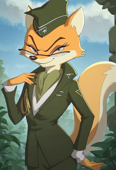 score_7_up, score_8_up, score_9, masterpiece,  high quality,
ltvixen, cartoon, anthro fox, furry, orange fur, 1girl, female, adult, solo,
green military uniform, military hat,
glasses, fox tail,
smiling, bedroom eyes, looking at viewer,
standing, cowboy shot,