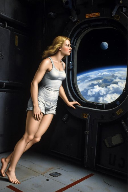 raphael1 painting.
Side profile view of a blonde, floating weightless, space station. She is wearing a white tanktop, short shorts and barefoot, and looking outside towards earth. She is melancholic, and is thinking of her family back on earth. 
 <lora:raphael1_cap_d6a3:1.0><lora:843643297906898229:0>
