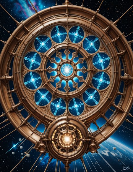 A surreal, steampunk-style painting in the style of JarosÅaw Jasnikowski, depicting a colossal, gothic-mechanical spaceship drifting through the vastness of space. The ship is inhabited by the remnants of humanity, fully transformed into biomechanical cyborgs. The vessel is an ornate fusion of cathedral-like architecture and industrial machinery: bronze towers, rotating gears, stained glass panels glowing with alien light, and massive turbines spinning slowly in zero gravity. Cyborg figures walk along the outer hull, tethered by glowing cables, maintaining the vessel as it glides through a star-filled void. Their bodies are a blend of flesh and complex mechanical systemsâcogs, tubes, exposed circuitry, and metallic limbsâall designed in an absurd, baroque fashion. The backdrop is a deep cosmic expanse with nebulas, stars, and shattered planetary fragments floating around. The lighting is dramatic, with reflections bouncing off polished metal surfaces, casting surreal, elongated shadows. The scene conveys both grandeur and loneliness, emphasizing the transformation of humanity into a forgotten, drifting civilization. The atmosphere is deeply symbolic, with Jasnikowskiâs signature distorted perspective and dreamlike, metaphysical tone.<lora:SDXLFaeTastic2400:0.4> <lora:extremely_detailed:0.4> extremely detailed,,JarosÅaw J4sn1k0wsk1  <lora:JarosÅaw_J4sn1k0wsk1:1>, Masterpiece,best quality,hi res,8k,hi res,8k,award winning,(sharp focus, intricate, highly detailed),