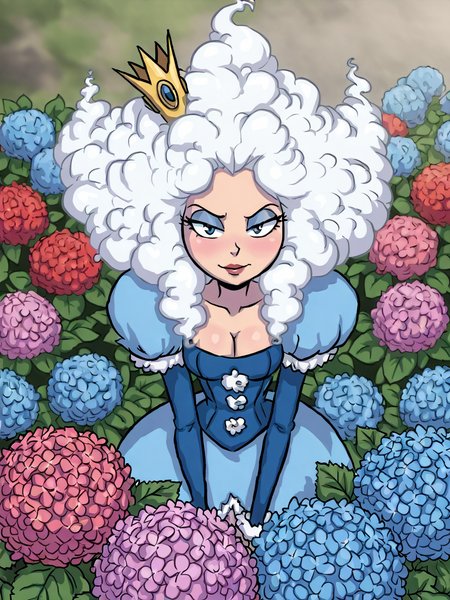 (masterpiece,best quality,newest,absurdres,highres),  Cl0udi4, 1girl, solo, long hair, white hair, blue eyes, crown, blue dress, looking at viewer, flower, leaf, hydrangea, pink flower, blue flower, red flower<lora:Add_Flower_Nature:0.8> <lora:Queen_Cloudia_IllustriousXL-000008:0.9>