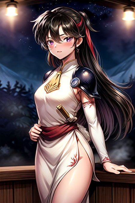best quality 1girl Setsun4 solo long hair,  (night time) forest background black hair very long hair purple eyes multicolored hair armor, small, (fur trim) (medium body),<lora:EMS-179-EMS:0.800000>,<lora:EMS-293862-EMS:0.800000> bow, hair_bow, hair_tubes, red_bow, brown_hair, long_hair, bangs, ascot, frilled_bow, yellow_ascot, blush, smile, hair_between_eyes, athletic, armor, miko, ,(((intricate outfit,intricate clothes,embroidered outfit,ornate outfit,embroidered clothes,ornate clothes))), strengthmda, crossed arms,