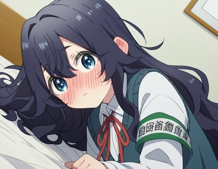 score_9, score_8_up, score_7_up, source_anime,
shizukayoshimoto, <lora:shizuka-yoshimoto-s1-ponyxl-lora-nochekaiser:1>,
shizuka yoshimoto, long hair, bangs, blue eyes, black hair, hair between eyes, wavy hair,
skirt, shirt, ribbon, school uniform, white shirt, pleated skirt, red ribbon, neck ribbon, armband, sweater vest,
indoors, bed, bed room, on side, blush, drunk,
looking at viewer, cowboy shot, dutch angle, solo,