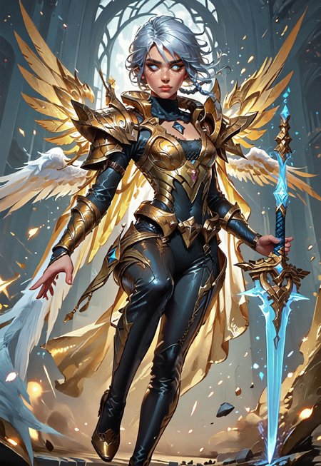 ((zPDXL3)), ((masterpiece,best quality, highly detailed)), ((score_9)), score_8_up, score_7_up, score_6_up, score_5_up, score_4_up, Digital painting style, brushstrokes, ((EnhanceImage)), solo, 1girl, DBRiven, silver hair, golden armor, black bodysuit, bodysuit, golden shoulder armor, sidebraid, silver eyes, cleavage, short hair, gold shoes, heels, wings, angel wings, blue hand, sword, Expressiveh, tanned-skin, 30yo, adult lustful confident woman, petite, slender body, perky saggy natural breasts, full lips, bangs, sidelocks, straps,
chinese magical sorceress, animated, swirling magic, wisps of magic, dancing pose, tight squeezed outfit, magical accessories, evoking motion, conveying motion, dynamic splash art, 
<lora:PainterlyFantasiaPDXL:0.6>,