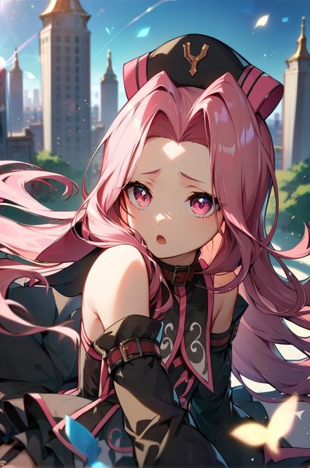 score_9, score_8_up, score_7_up, very aesthetic, source_anime, detailed, high quality, beautiful, masterpiece, detailed eyes,
<lora:lightXL:0.8>
city view, blurry background,
 <lora:action-sdxl-V0.5:1>zdyna_pose
dynamic angle, upper body, close up,
dynamic pose, sad, open mouth, full body,
<lora:arietta_autismConfetti_v01:0.99>flat chest, 
1girl, arietta \(tales\), black headwear, pink hair, pink eyes, garter straps, thighhighs, thigh boots, very long hair, zettai ryouiki, detached sleeves, parted hair, frills, black dress,, zPDXL