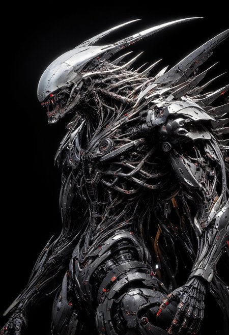 highly detailed and hyper realistic and dynamic.
This is a high-resolution CGI close up rendering of a massive, bulky,  biomorphic, bizarre, otherworldly creature. The creature is depicted in a three-quarter frontal view, showcasing its iconic, menacing features. The Biomorph's head is elongated with a smooth, dome-like structure, and though its mouth is closed it still reveals sharp, serrated teeth. The texture of its body is highly detailed, featuring a ribbed, exoskeletal surface with a rough, leathery appearance. The lighting is highly dramatic, casting deep shadows and highlighting the creature's intricate details. The color palette is very limited and dark and the background is pitch black, ensuring the Biomorph stands out sharply. The image has a very high aesthetic quality, capturing the terrifying essence of the character with meticulous detail and realism.