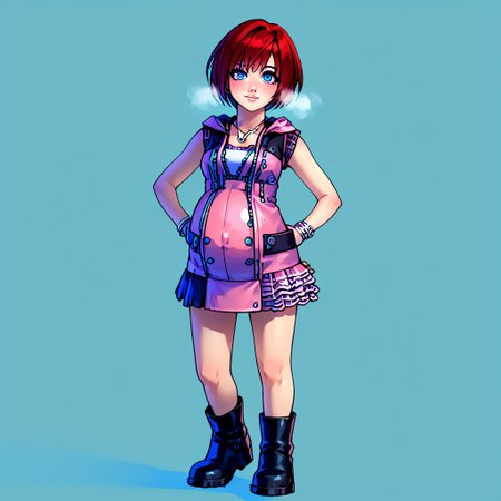 score_9, score_8_up, source_anime, highly detailed, 1girl, solo, kairi, 1girl, solo, blue eyes, zipper, jewelry, boots, dress, necklace, short hair, red hair, pink dress, zipper pull tab, pleated dress, short dress, pregnant, hyper_preg, exhausted, heavy breathing, blushing, hands on hip, looking at viewer, facing forward,