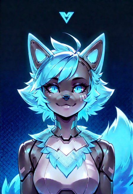 score_9, score_8_up, score_7_up, score_6_up, solo, masterpiece, ultradetailed,reallynxgirl_style,  changed, solo, 1girl, tail, ahoge, metal body, blue hair, halftone, robot, robot joints, animal nose, white marks, holographic fur, holographic hair, portrait, closwup,  detailed background