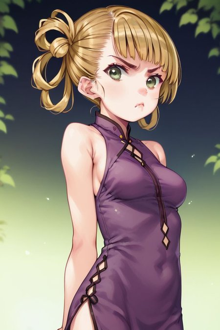 score_9, score_8_up, score_7_up, 1girl, pout, looking at viewer, arms_behind_back, golden hair, asymmetrical_bangs, hair rings, light green eyes, medium breasts, purple clothes, outdoors, vanishing point, dim light <lora:Focke_wulf_PonyXL_style_v01:1>