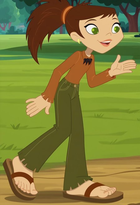 score_9, score_8_up, score_7_up, 1girl, solo,
long-sleeved brown sienna shirt, olive green pants, brown hair, green eyes, sharp ponytail, sandals
woods background,perfect hands, show accurate, perfect anatomy, perfect feet,