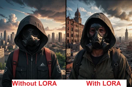 score_9, score_8_up, score_7_up,  score_6_up, BREAK, solo, looking at viewer, jacket, upper body, male focus, outdoors, sky, day, artist name, cloud, signature, hood, bag, blurry, no humans, mask, depth of field, blurry background, backpack, cloudy sky, building, scenery, hooded jacket, 1other, hood up, smoke, city, cityscape, ruins, tower, ambiguous gender, gas mask, post-apocalypse